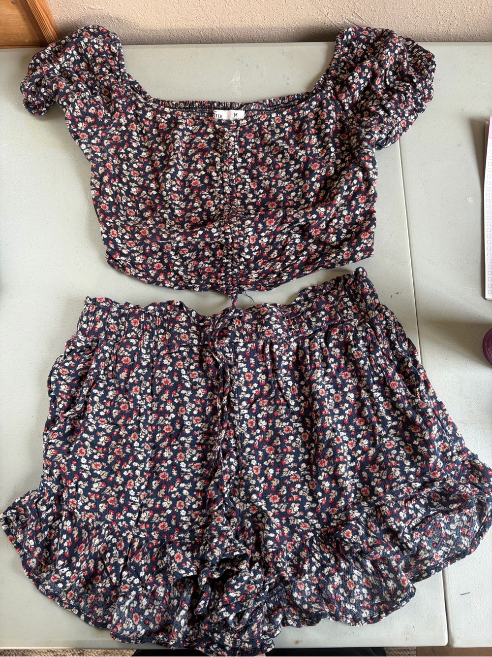 Floral Navy Ruffle Women's Shorts - Two-Piece Set